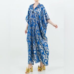 Meghan Fabulous Blue and Gold Patterned Midi Caftan Dress Palm Springs